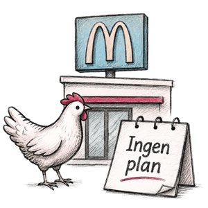 Ikon med kylling som står utenfor en McDonald's restaurant og en plakat hvor det står ingen plan